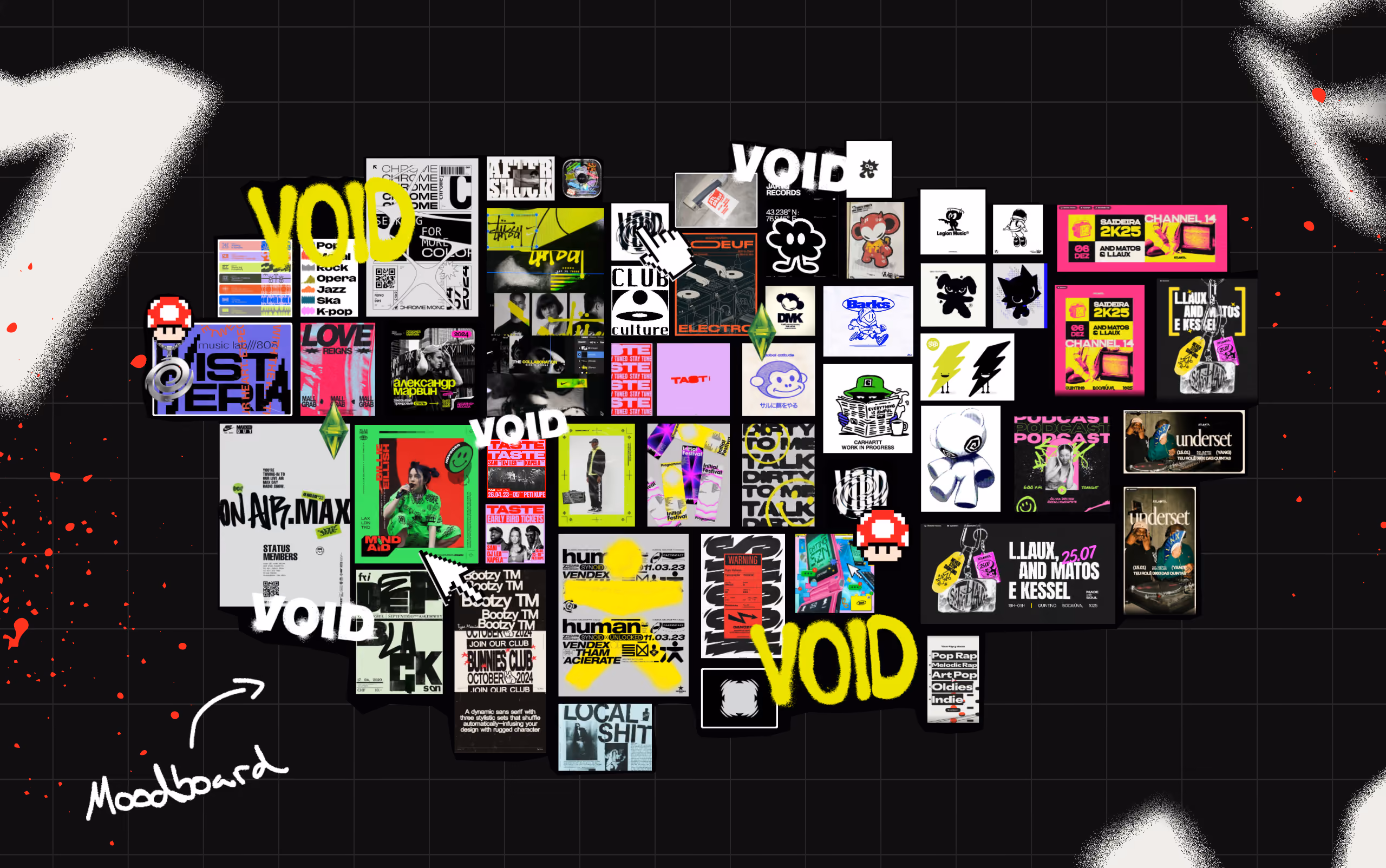 Collage moodboard with various posters, logos, and graphic designs on a black grid background.