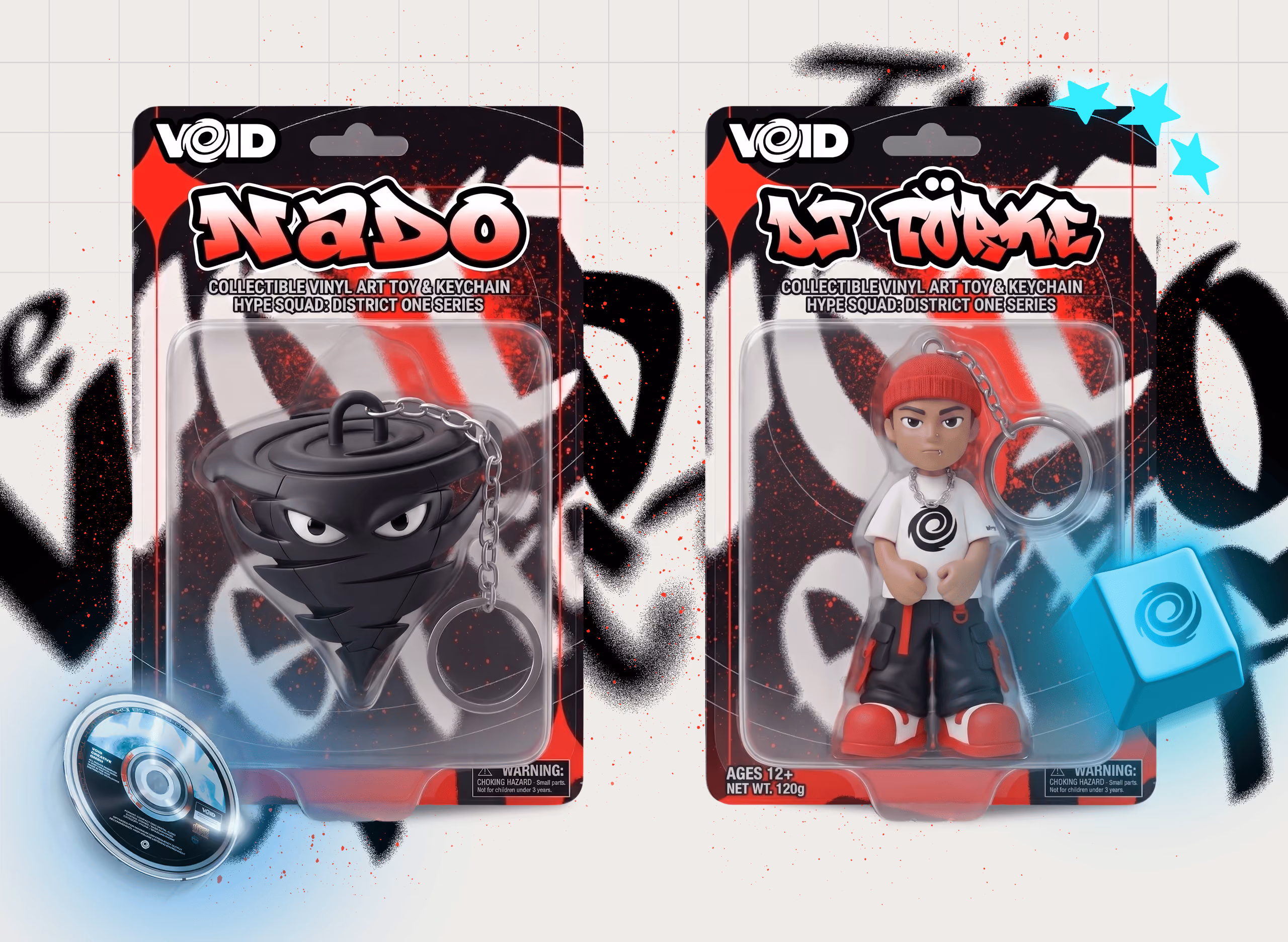 Two VOID collectible vinyl art toys and keychains named Nado (tornado) and DJ Toke in packaging.