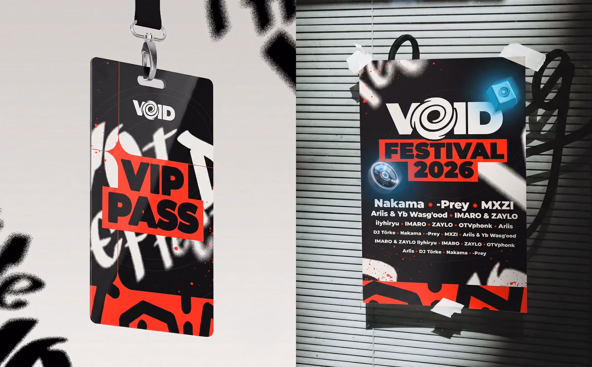 VOID VIP pass badge and VOID Festival 2026 poster listing artists and event details.