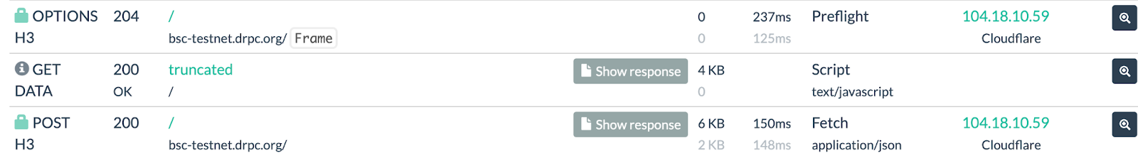 Network traffic from a compromised WordPress site involved in the ClearFake / ClickFix campaign, confirming browser-side execution of EtherHiding and payload retrieval.