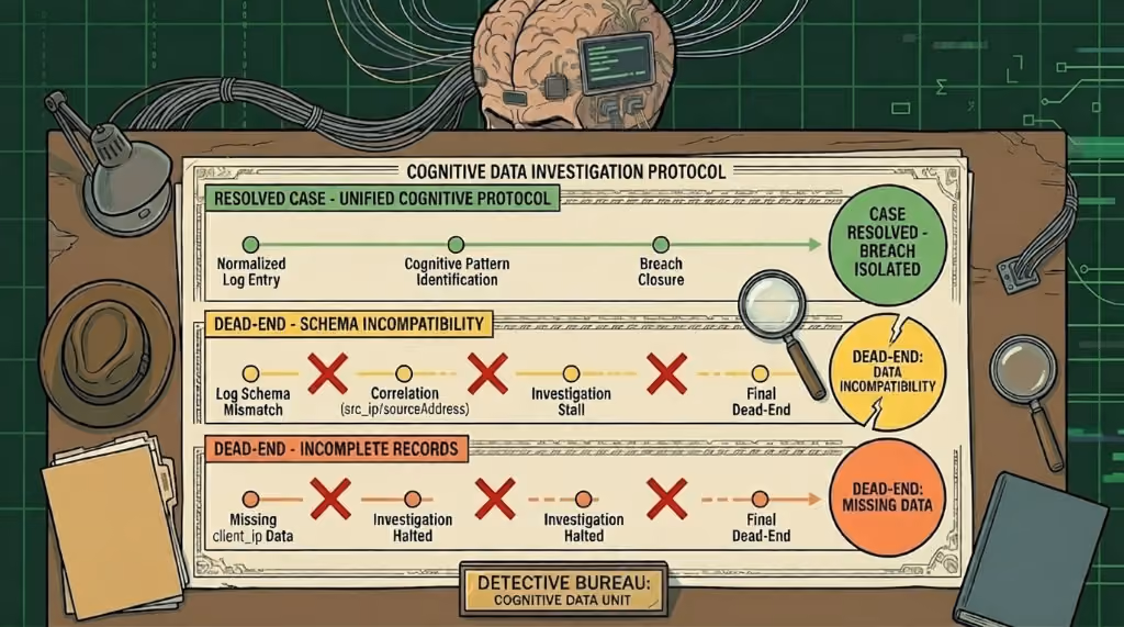 Cognitive data investigation protocol: unified analytics versus schema incompatibility and missing-data dead ends.