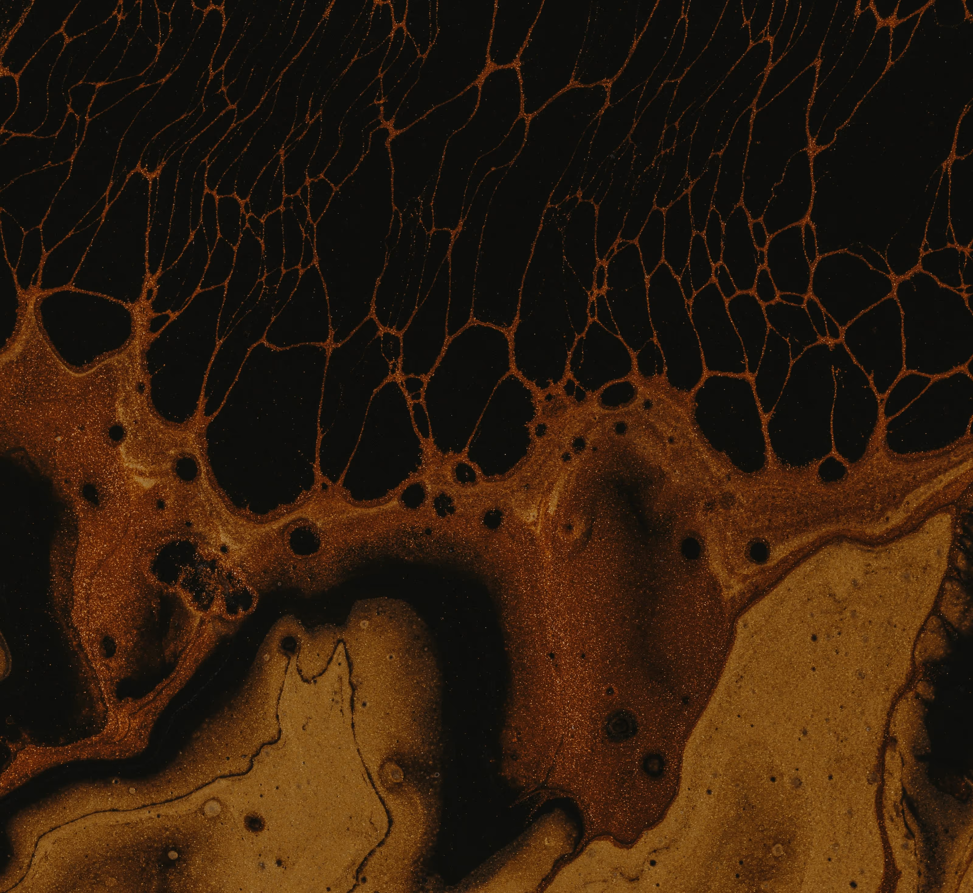 Abstract close-up of dark brown and black marbled patterns resembling fluid or mineral textures.