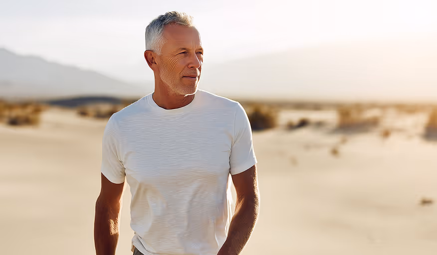 Older man with gray hair wearing a white t-shirt standing in a sunlit desert landscape looking to the side.