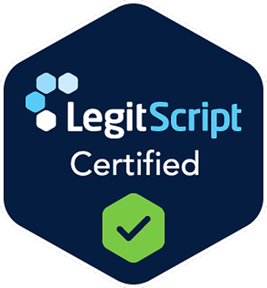 LegitScript Certified badge with hexagonal shape, featuring a green checkmark on a blue background.