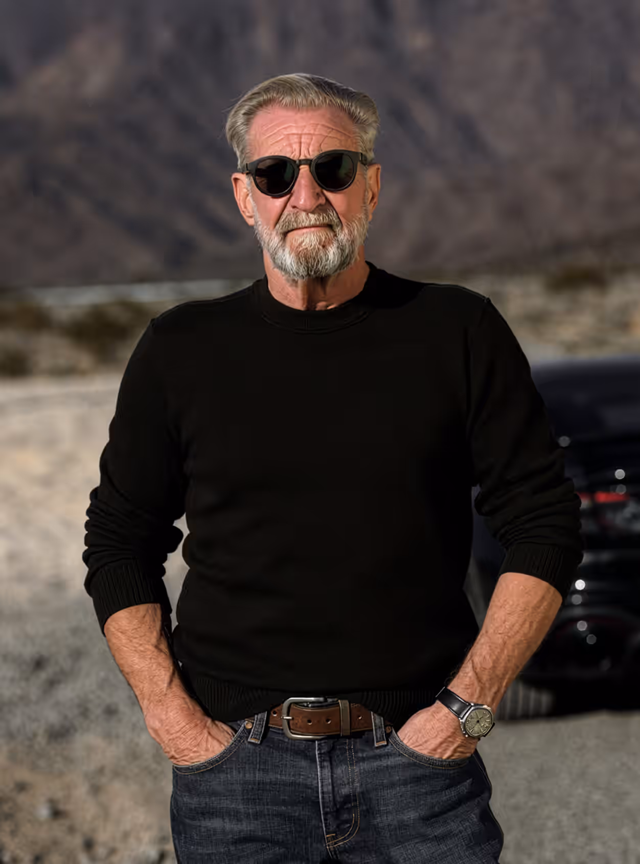 Gary Paulzak standing looking muscular in front of a black muscle car