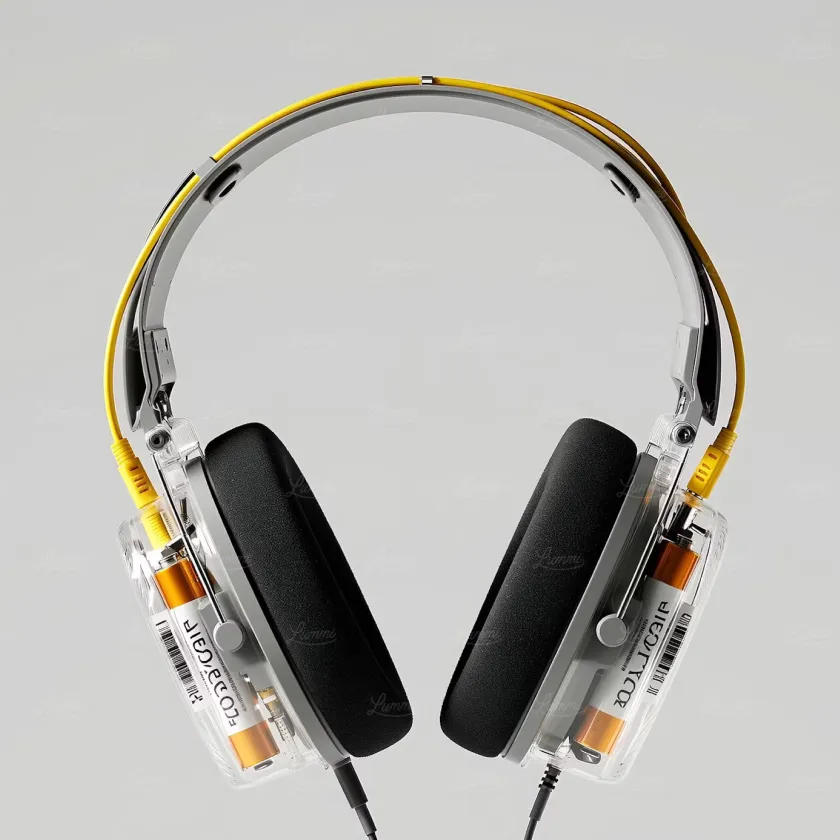 Over-ear headphones with black ear cushions, clear plastic housings showing internal orange batteries, and yellow cables attached at the top.