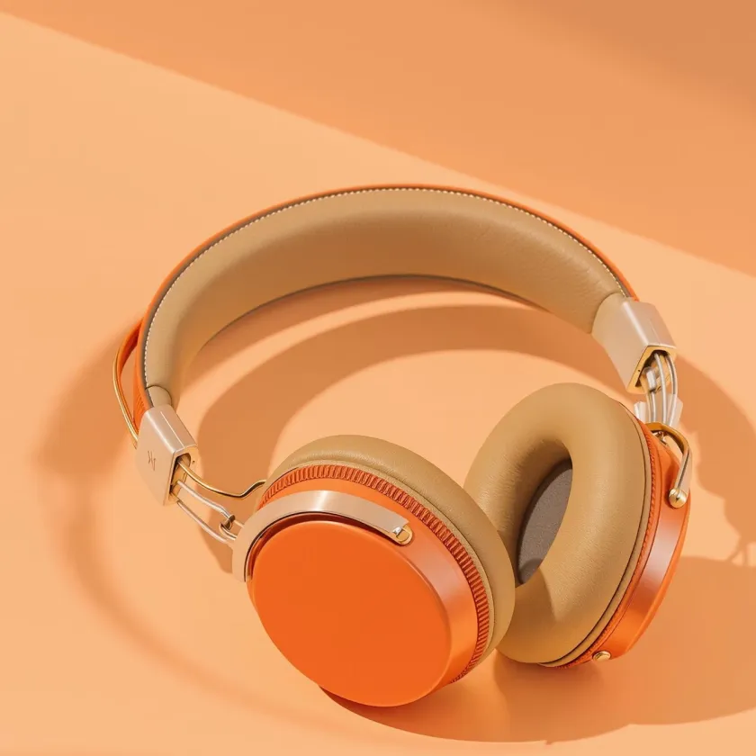 Over-ear headphones with orange ear cups and tan cushioned headband on a matching orange background.