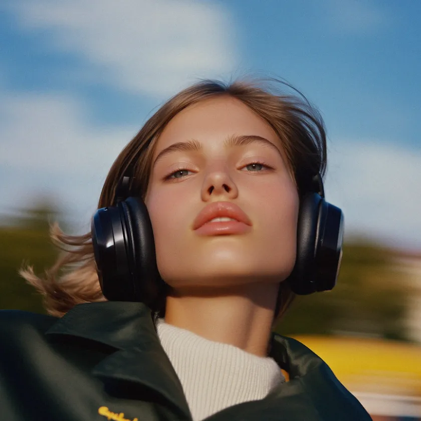 Close-up of a young woman wearing black headphones and a green jacket against a blue sky background.