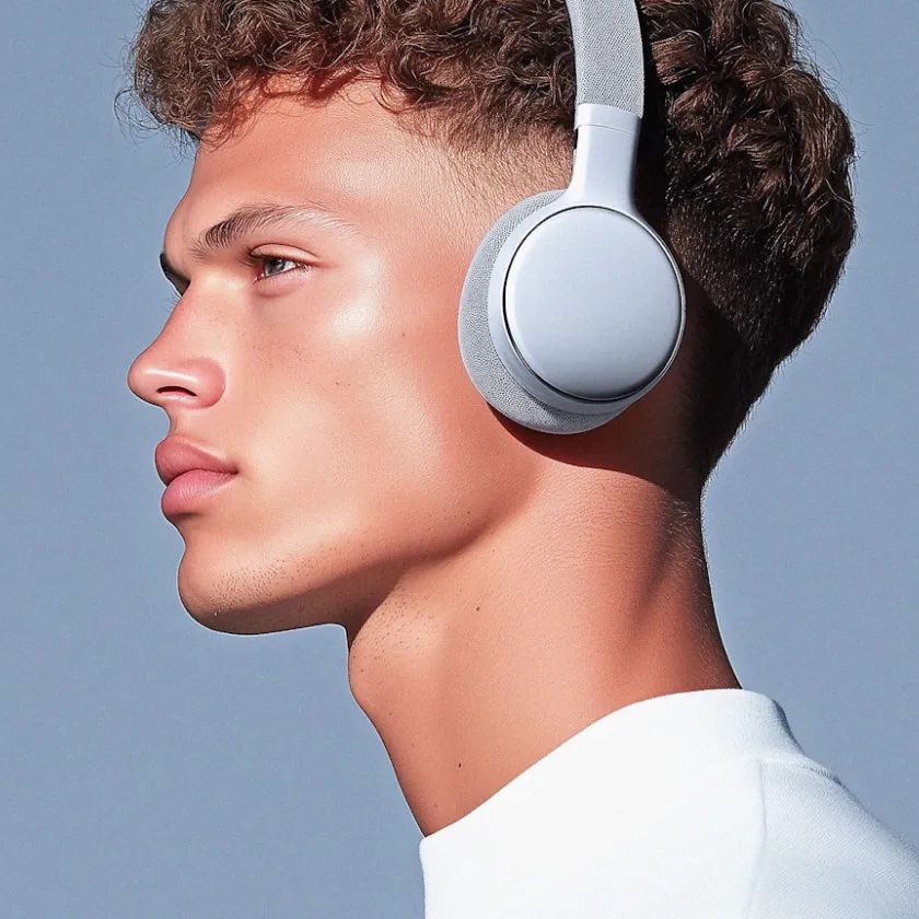 Side profile of a young man with curly hair wearing white wireless over-ear headphones and a white shirt, against a gray background.