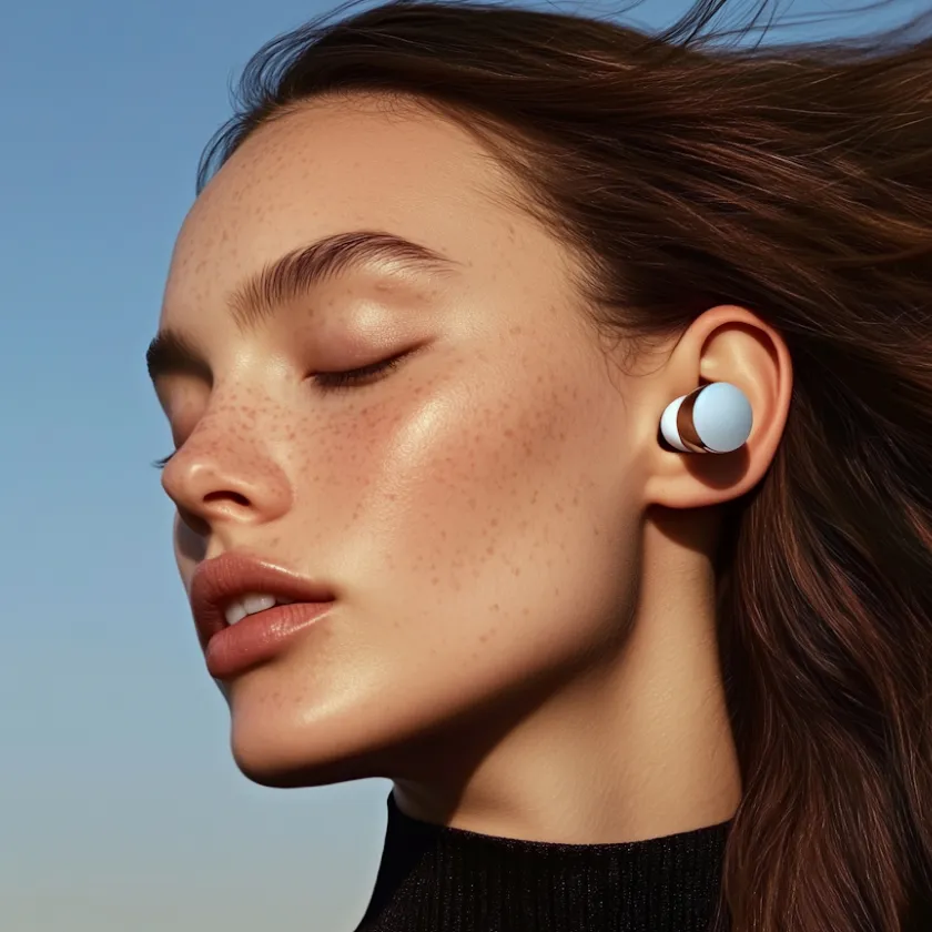 Close-up profile of a woman with long hair wearing a wireless earbud against a clear blue sky.
