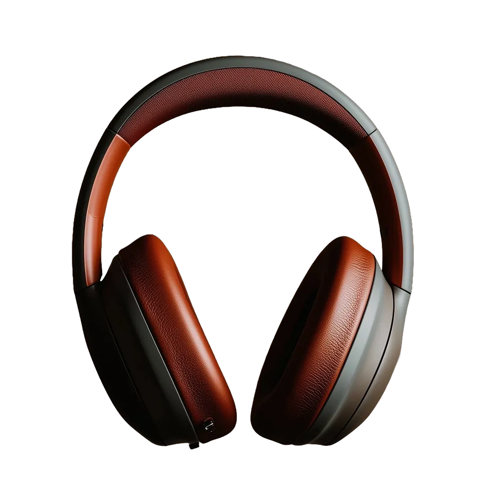 Over-ear wireless headphones with brown cushioned ear pads and a matching brown padded headband.