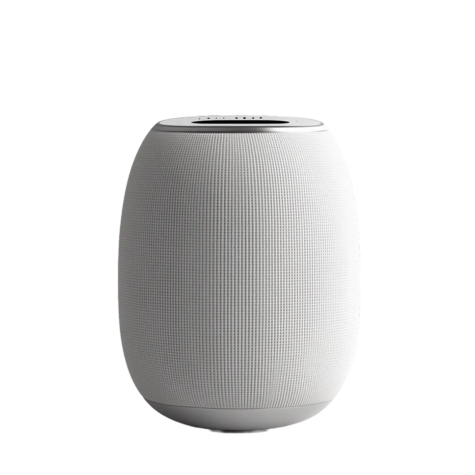Compact white smart speaker with a mesh fabric exterior and control buttons on the top.