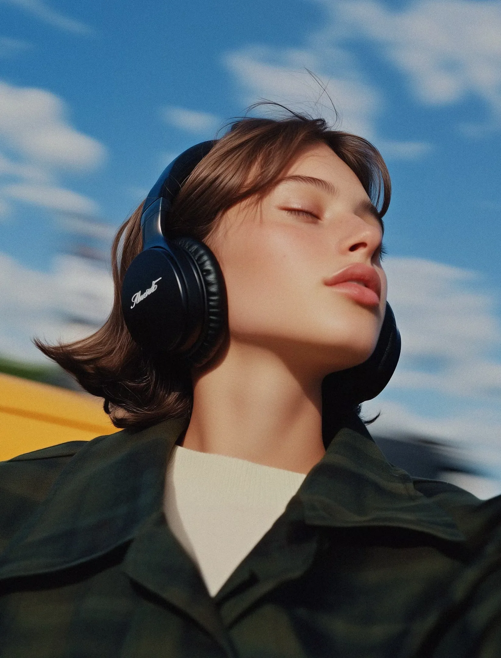 Young person with closed eyes wearing black headphones and a dark jacket against a blue sky with clouds.