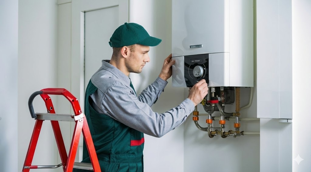 Radiateur électrique blanc fixé à un mur gris avec un thermostat manuel sur le côté droit.