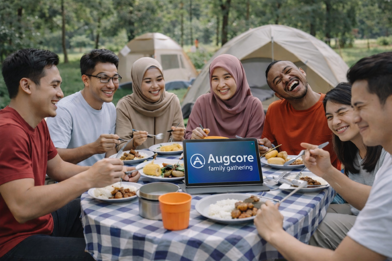 A group of seven friends smiling and eating a meal together outdoors at a picnic table with tents in the background and a tablet displaying 'Augcore family gathering.'