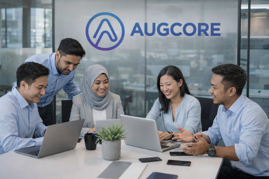 Five coworkers collaborating and smiling around a table with laptops and smartphones in a modern office with Augcore logo on the glass wall.