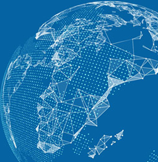 Digital illustration of a stylized globe with dots and connecting lines, representing global data analysis and connectivity.