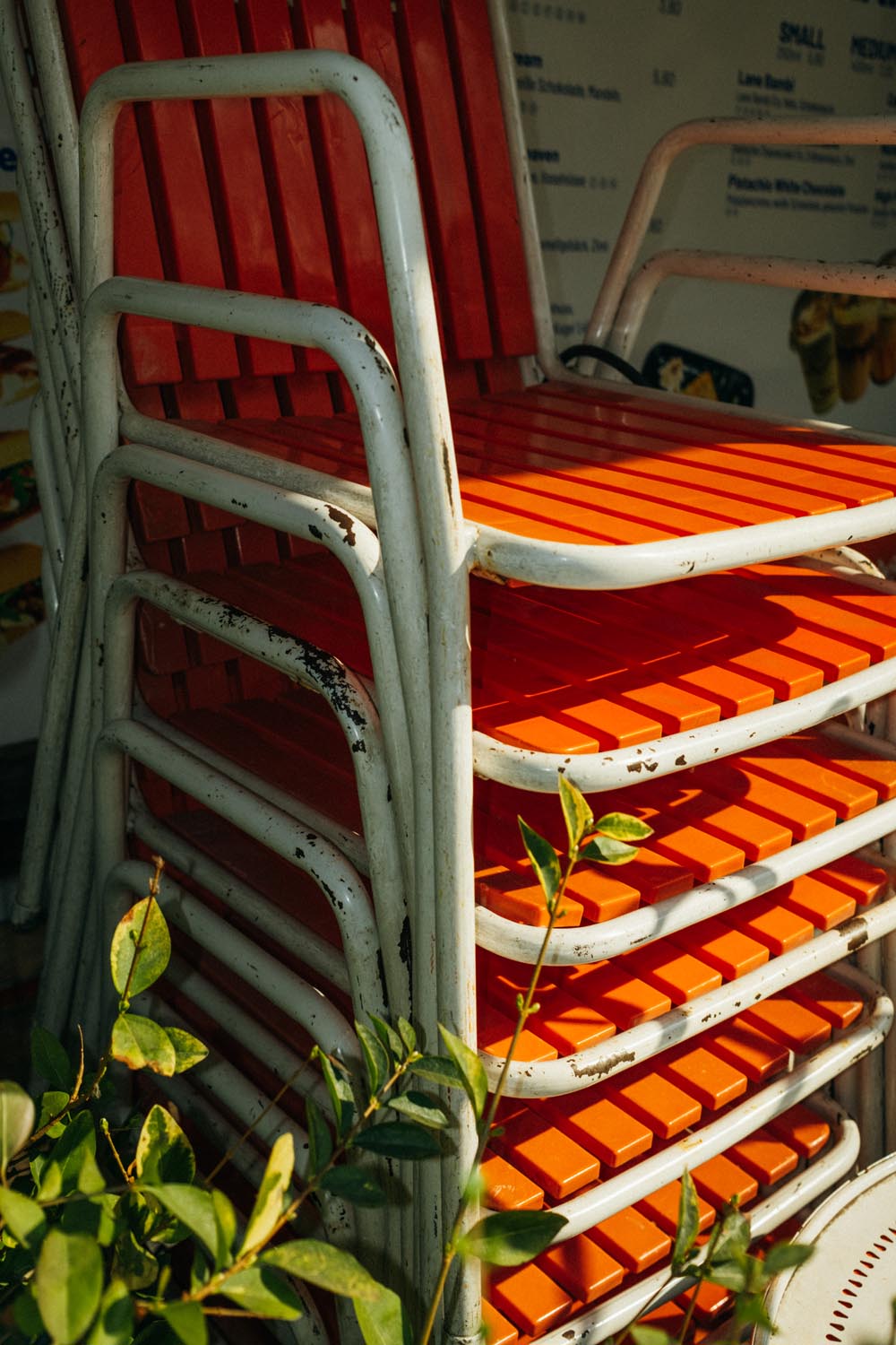 stacked chairs with bold pattern