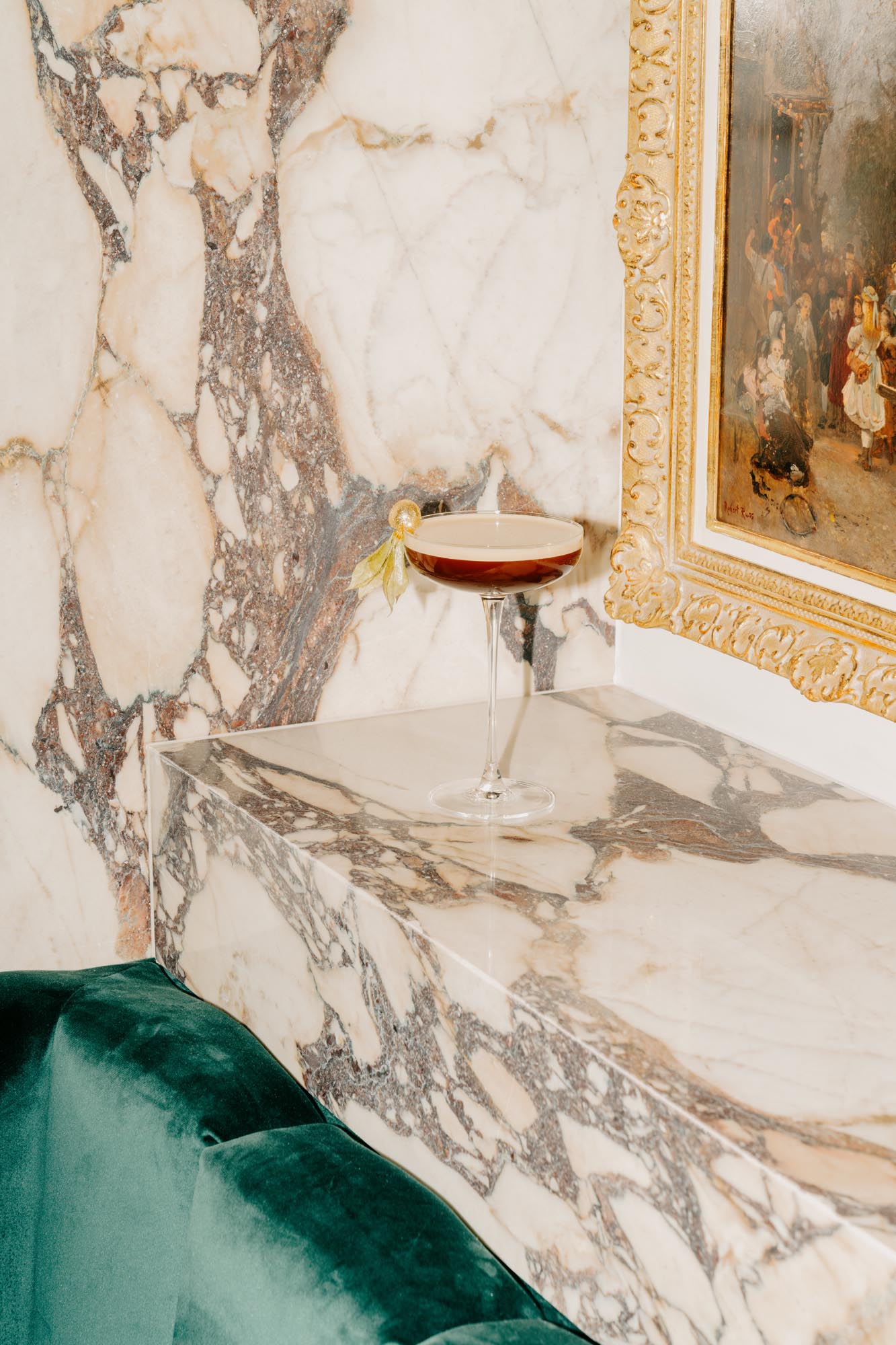 marble bathroom detail with warm reflections