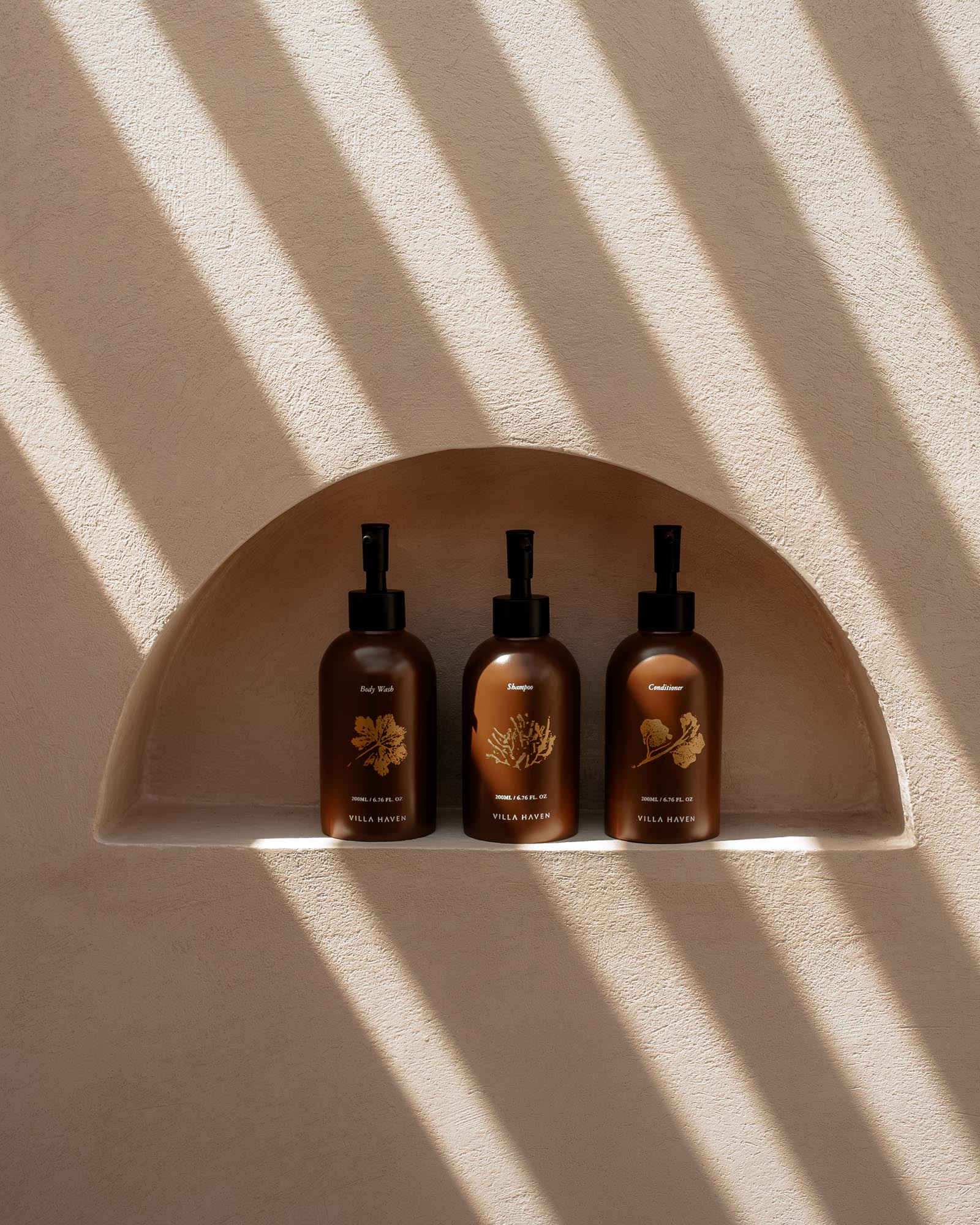 minimal shelf with bottles and strong shadow lines