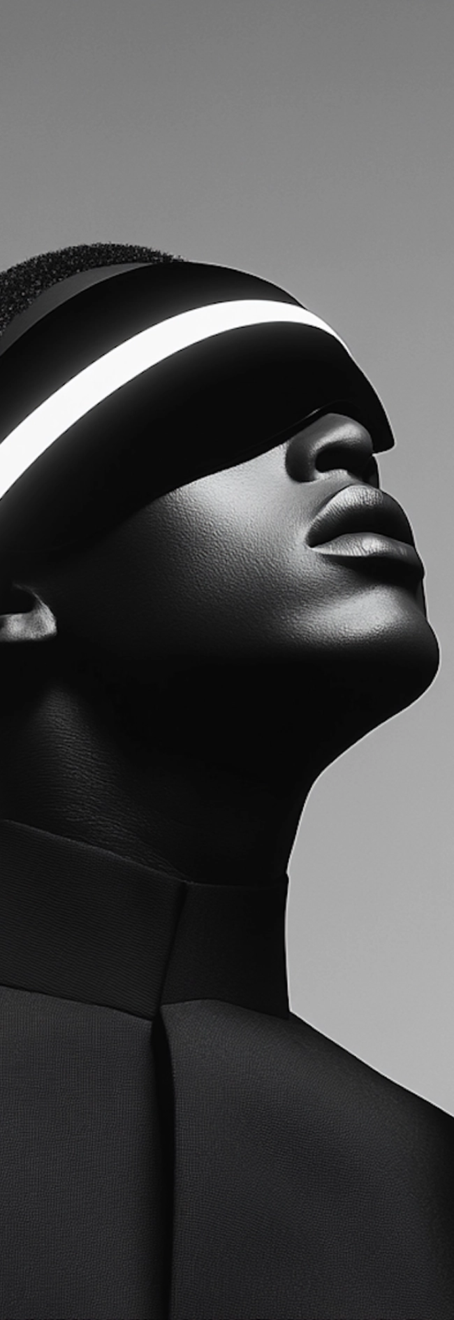 A black man wearing a sleek, futuristic helmet, showcasing advanced technology and a modern aesthetic.