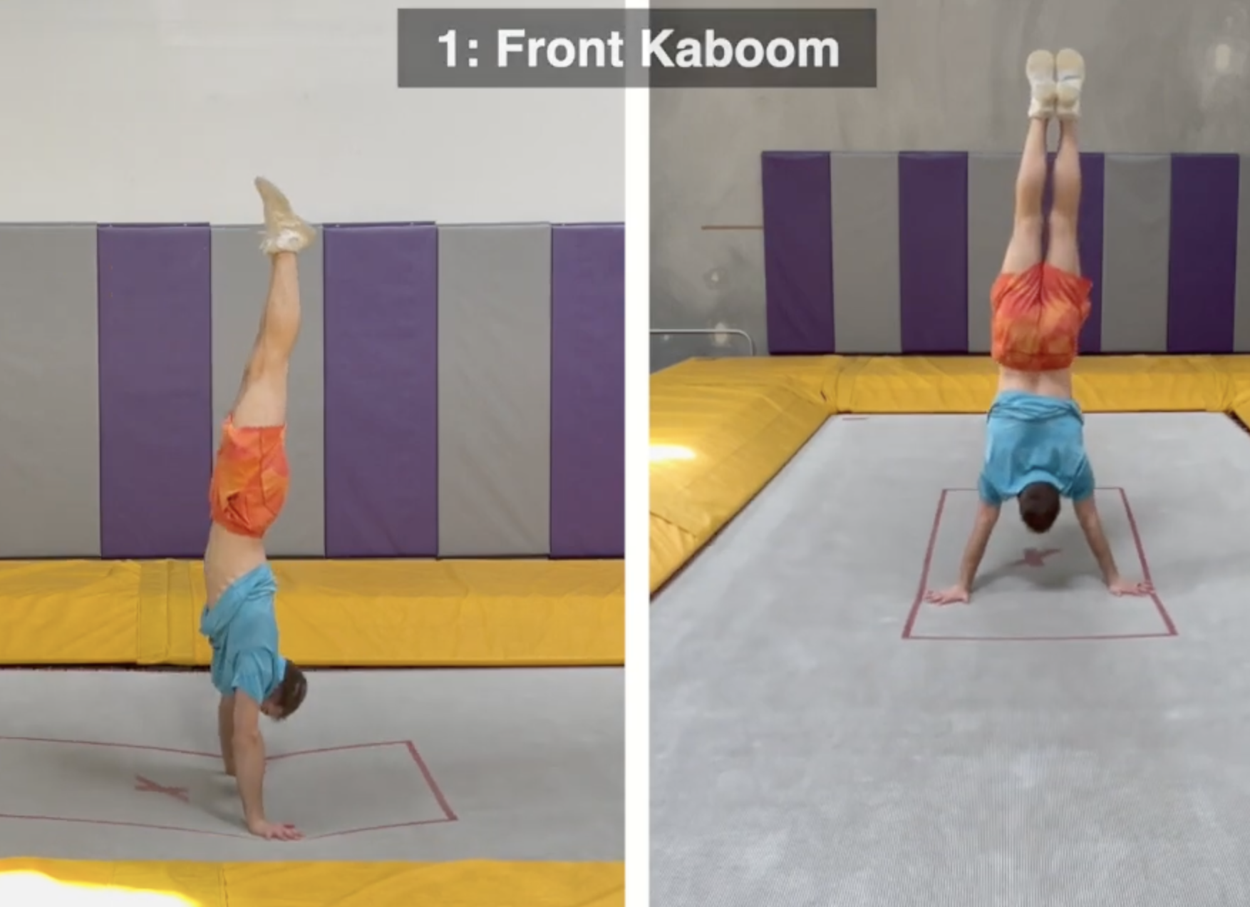 Female gymnast in a blue and black leotard performing a split leap mid-air during a competition.