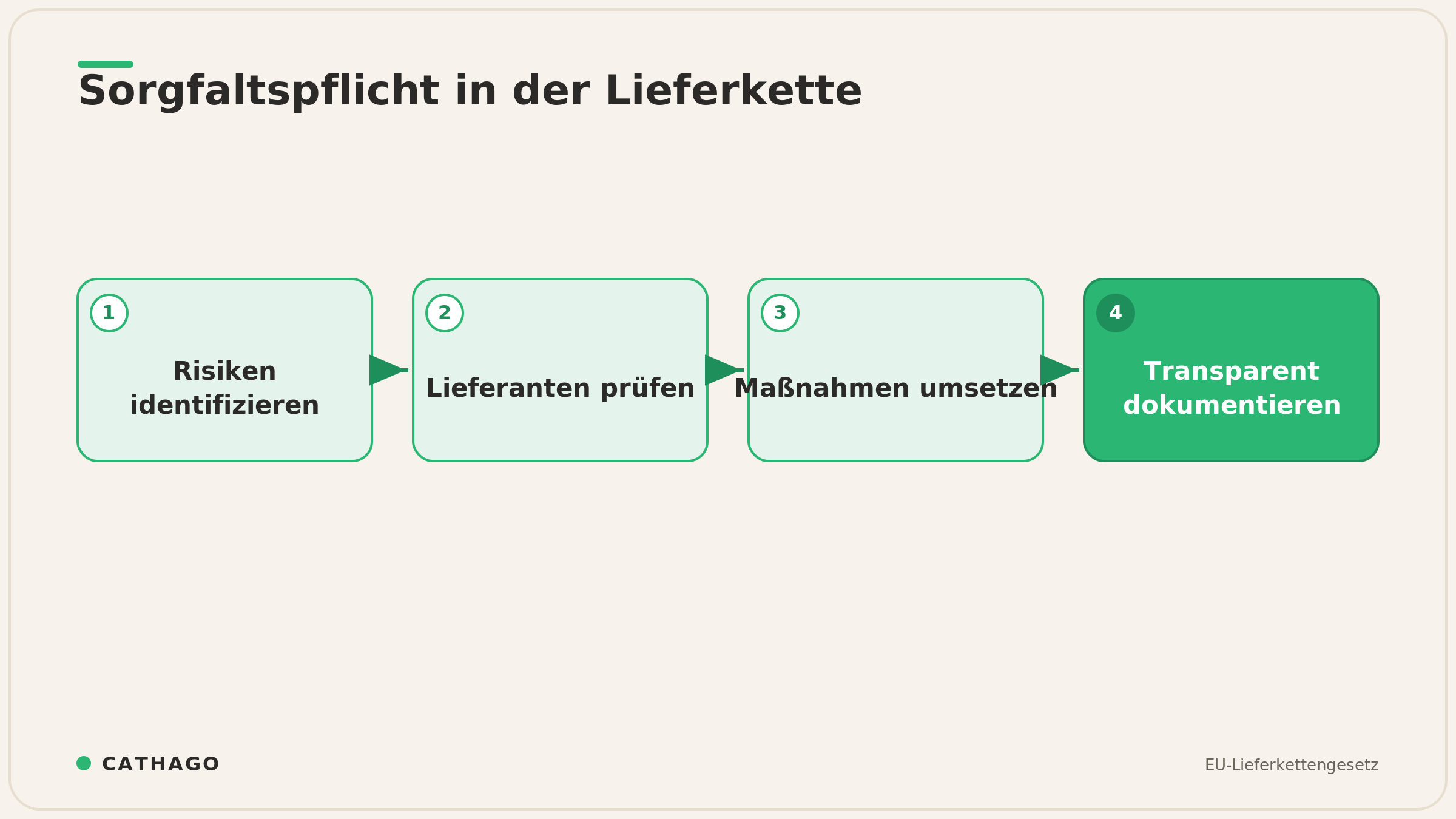 Prozesskette der Sorgfaltspflicht: Risiken identifizieren, Lieferanten prüfen, Maßnahmen umsetzen, dokumentieren