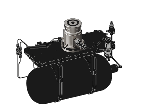 Mechanical assembly featuring a dark cylindrical tank mounted horizontally beneath a metal base plate with attached fittings and connectors.