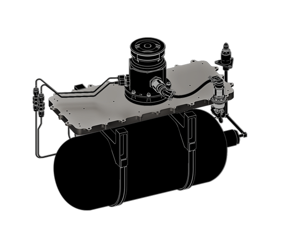 Technical illustration of a cylindrical tank mounted below a flat metal plate with attached mechanical and hydraulic components.