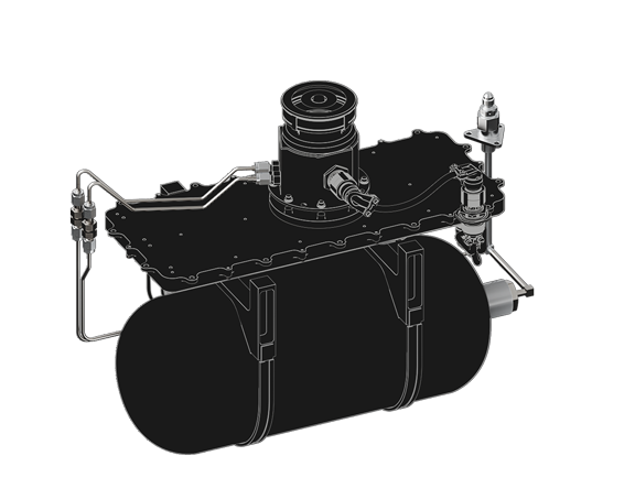3D rendering of a black mechanical assembly featuring a cylindrical tank secured by straps beneath a mounting plate with attached pipes and connectors.