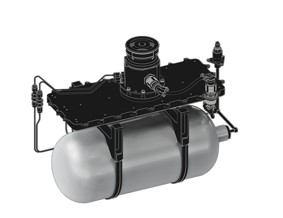 Mechanical assembly with a cylindrical tank mounted on a black metal frame featuring attached pipes and valves.