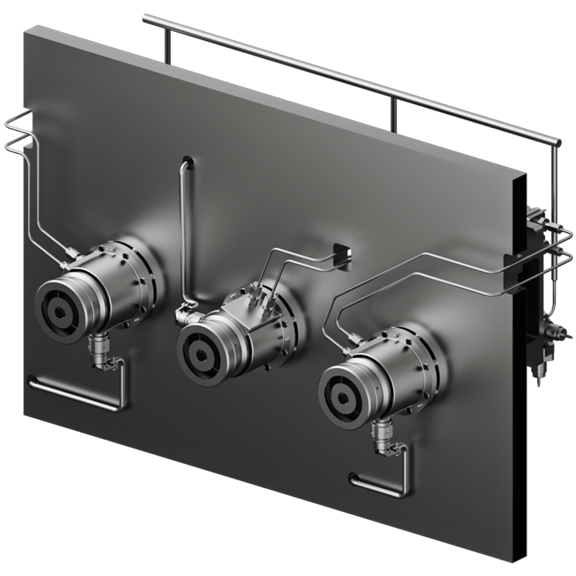 3D rendering of a spacecraft engine component with three cylindrical thrusters mounted on a rectangular panel connected by metal pipes.
