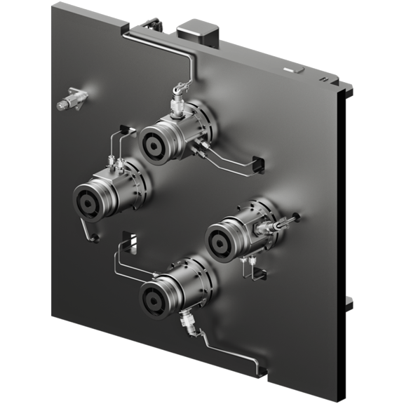Black rectangular panel with four cylindrical metallic components connected by small metallic pipes and fittings.