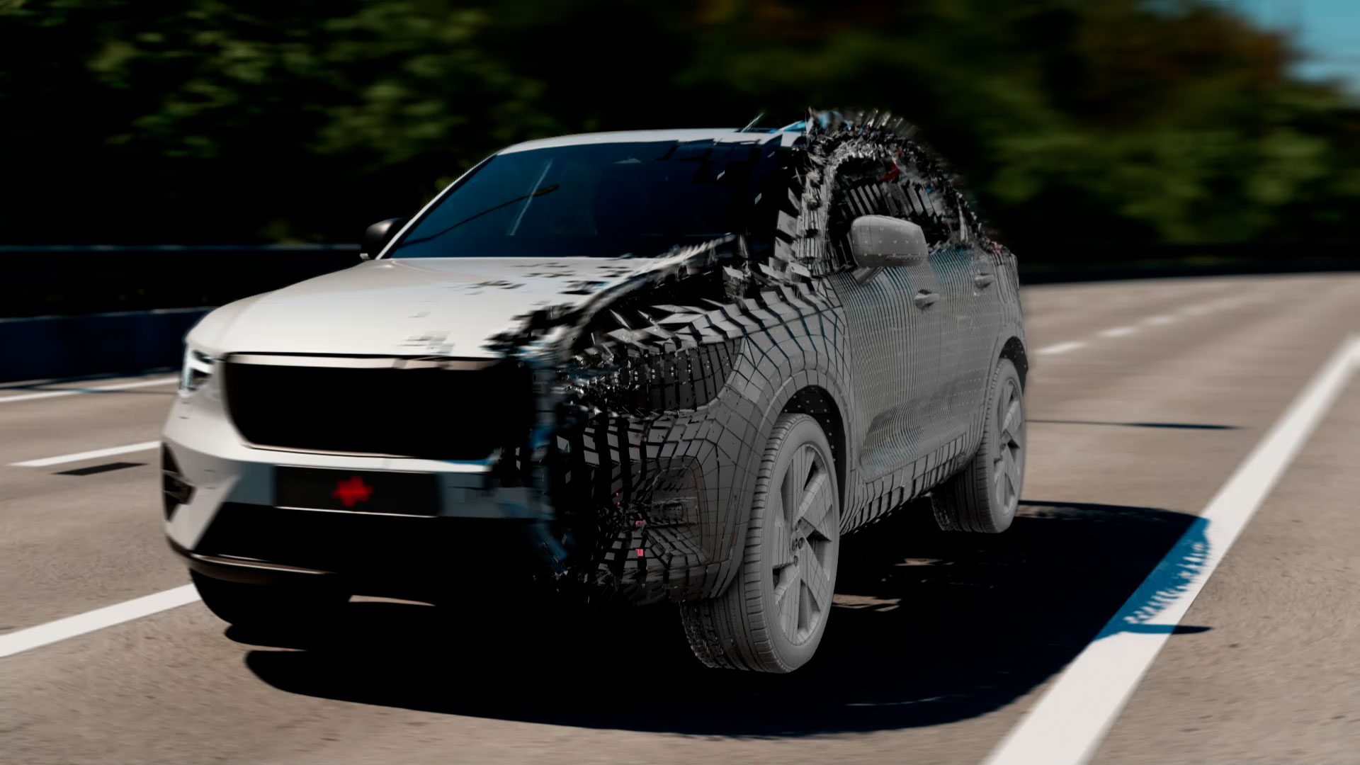 A three quarter angle of an SUV vehicle beginning to transform from a real car into a digital car