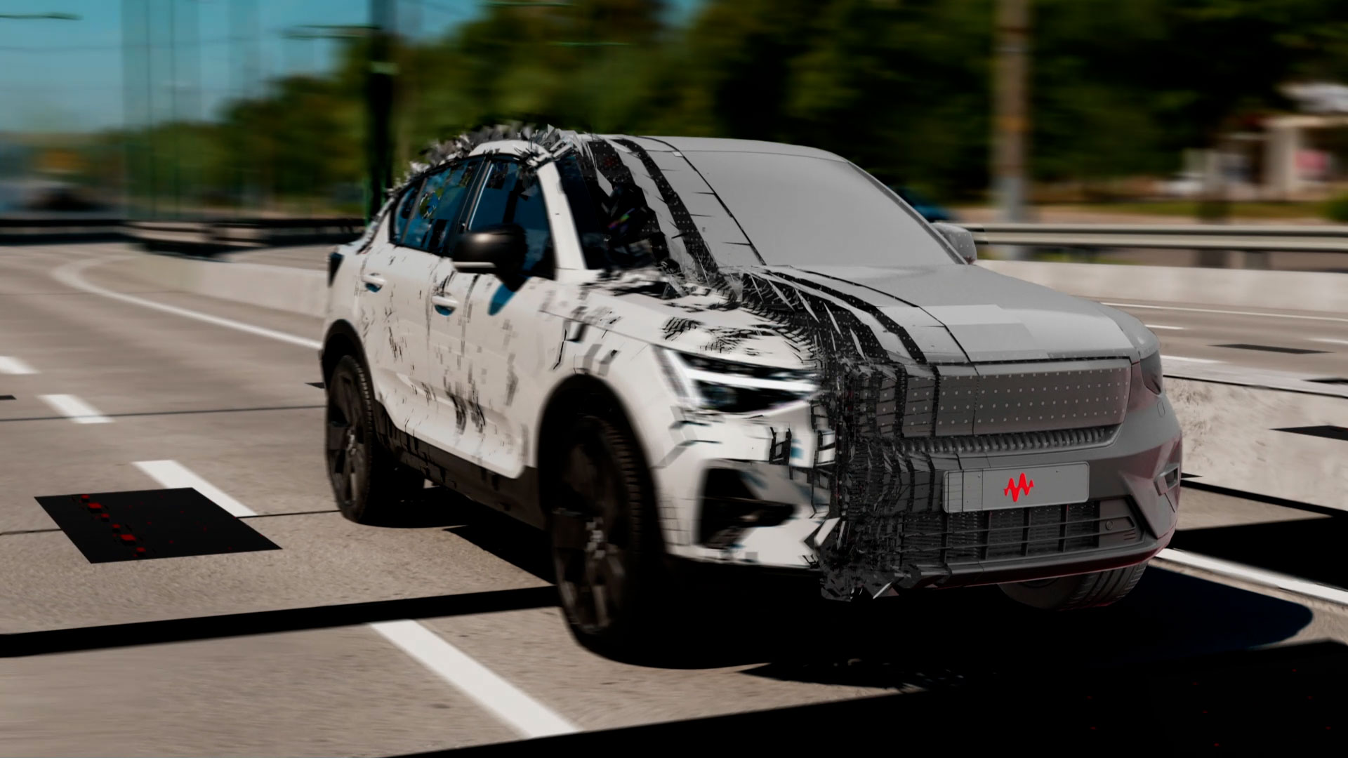 A three quarter angle of an SUV vehicle finishing its transformation from a real car into a digital car