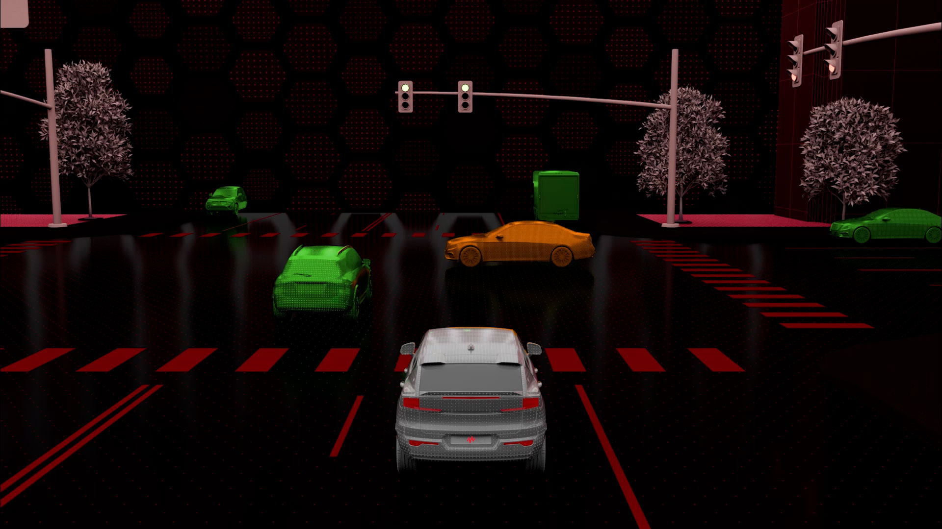 A digital grey car is stopped at an intersection even though the light is green because an orange car is running the light. The orange car is orange because the technology in the grey car has determined that it may cause an accident.
