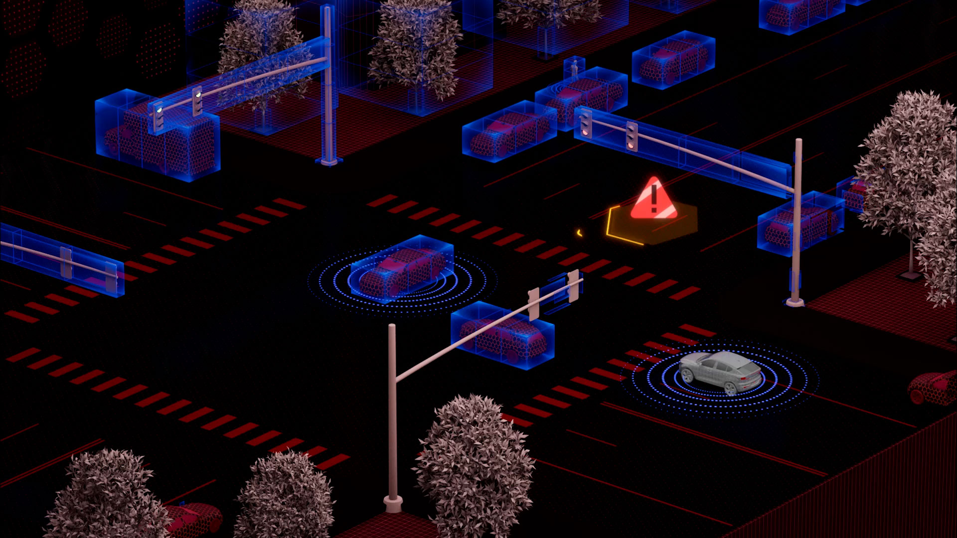 A wide shot from a high vantage point of a grey vehicle parked at a digital representation of a stop light in a city environment. The road is solid black, while the sidewalks, parked vehicles, and traffic lines are all a deep red color.