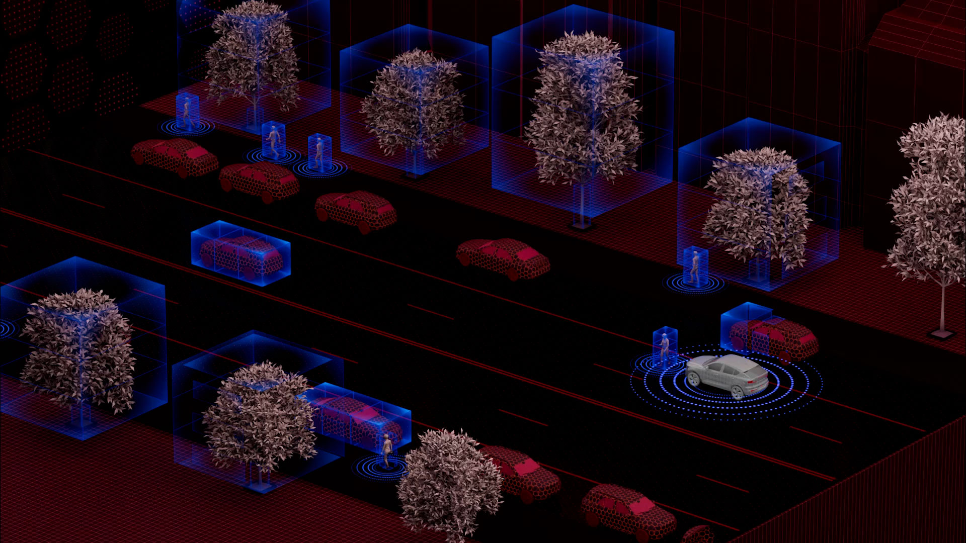 A wide shot from a high vantage point of a grey car waiting for a pedestrian to cross the street in a digital representation of a city environment. The road is solid black, while the sidewalks, parked vehicles, and traffic lines are all a deep red color.