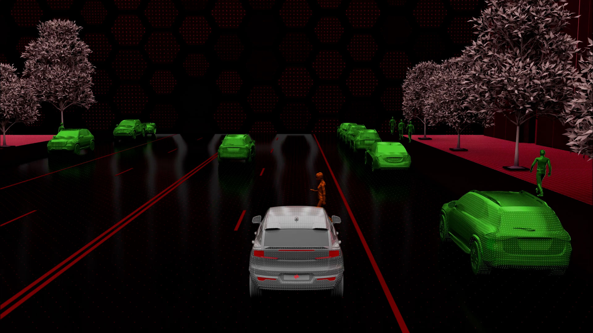 A grey car is waiting for a pedestrian to cross the street. The pedestrain is orange because they should not be crossing the street right now. Luckly the radar in the grey car has detected them.