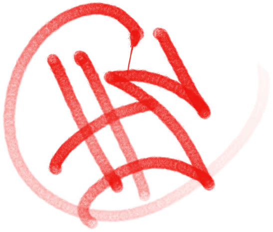 Abstract red circular brushstroke design with intersecting lines on a white background.