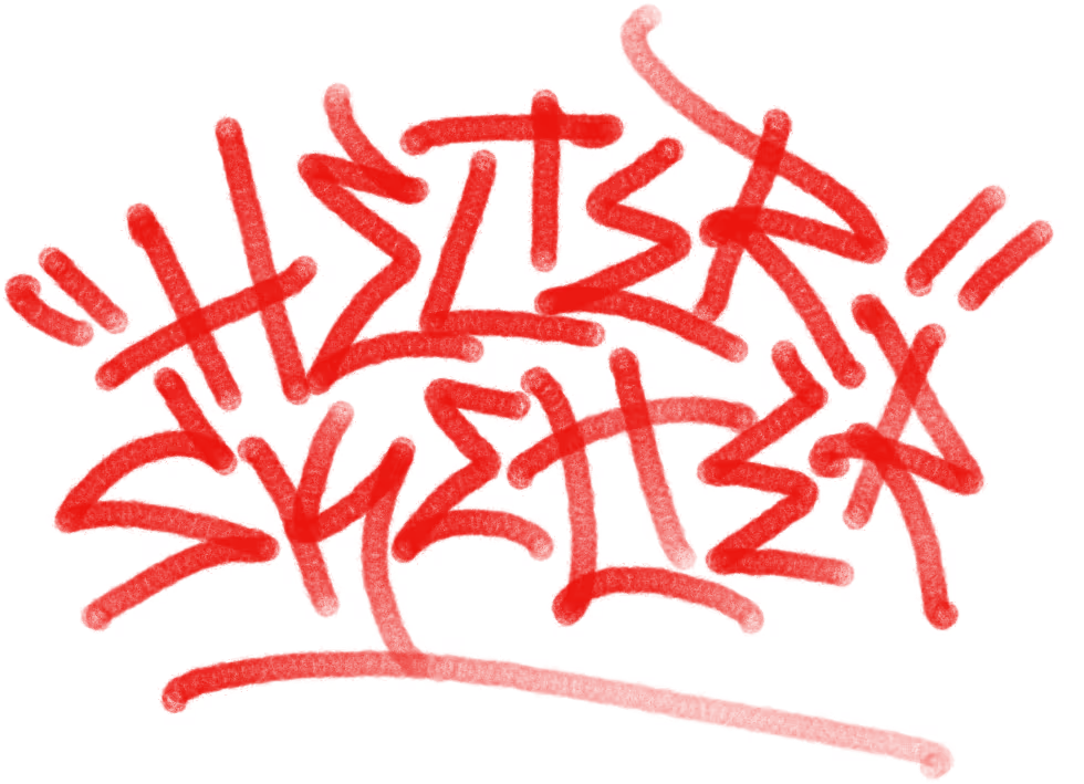 Red graffiti-style text with abstract, overlapping letters on a white background.