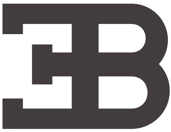 Bugatti logo with stylized interlocking letters E and B in black.