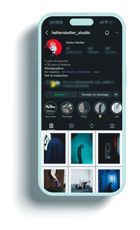 Smartphone displaying the Instagram profile page of helterskelter_studio with a dark theme and a grid of six photos featuring portraits and artistic shots.