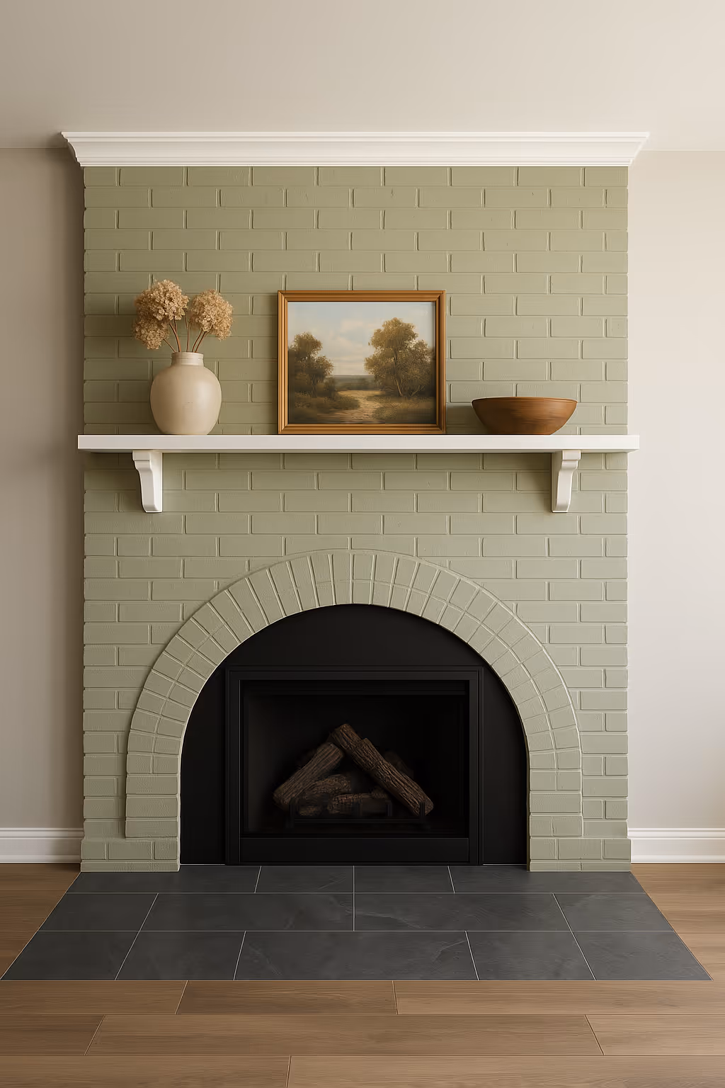 Sage green painted brick fireplace with arched opening, white mantel shelf, framed landscape artwork, and black tile hearth.