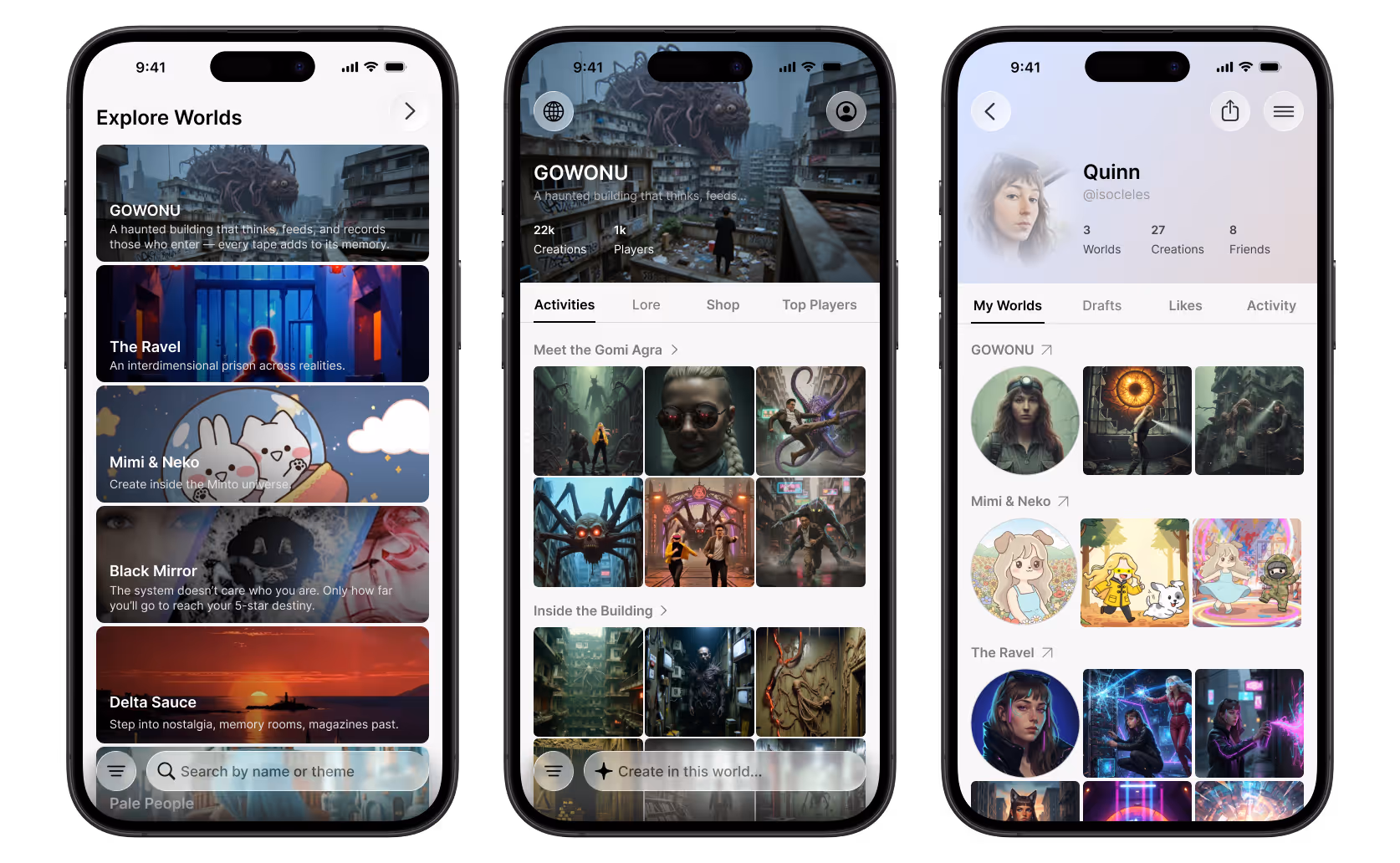 3 mobile mock-ups showing an app to browse AI worlds, create in a specific AI world, and a profile to view all of your own creations and identities across worlds. 