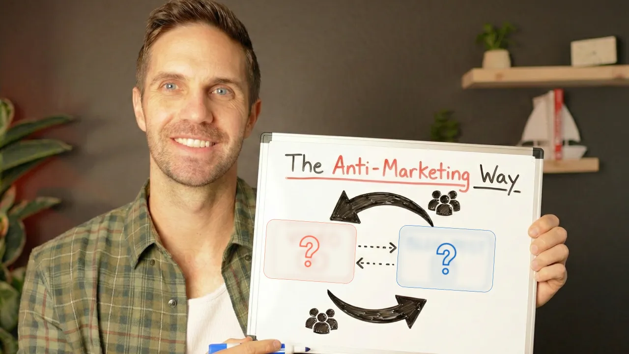 Man holding a whiteboard showing “The Anti-Marketing Way” with a simple circular content flow diagram.