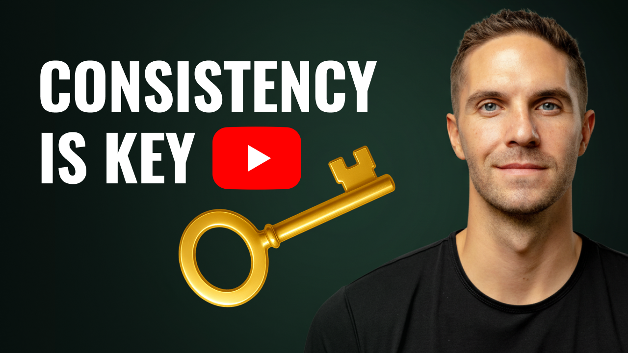 Portrait of a man next to text reading “Consistency Is Key,” with a YouTube play icon and a gold key on a dark background.
