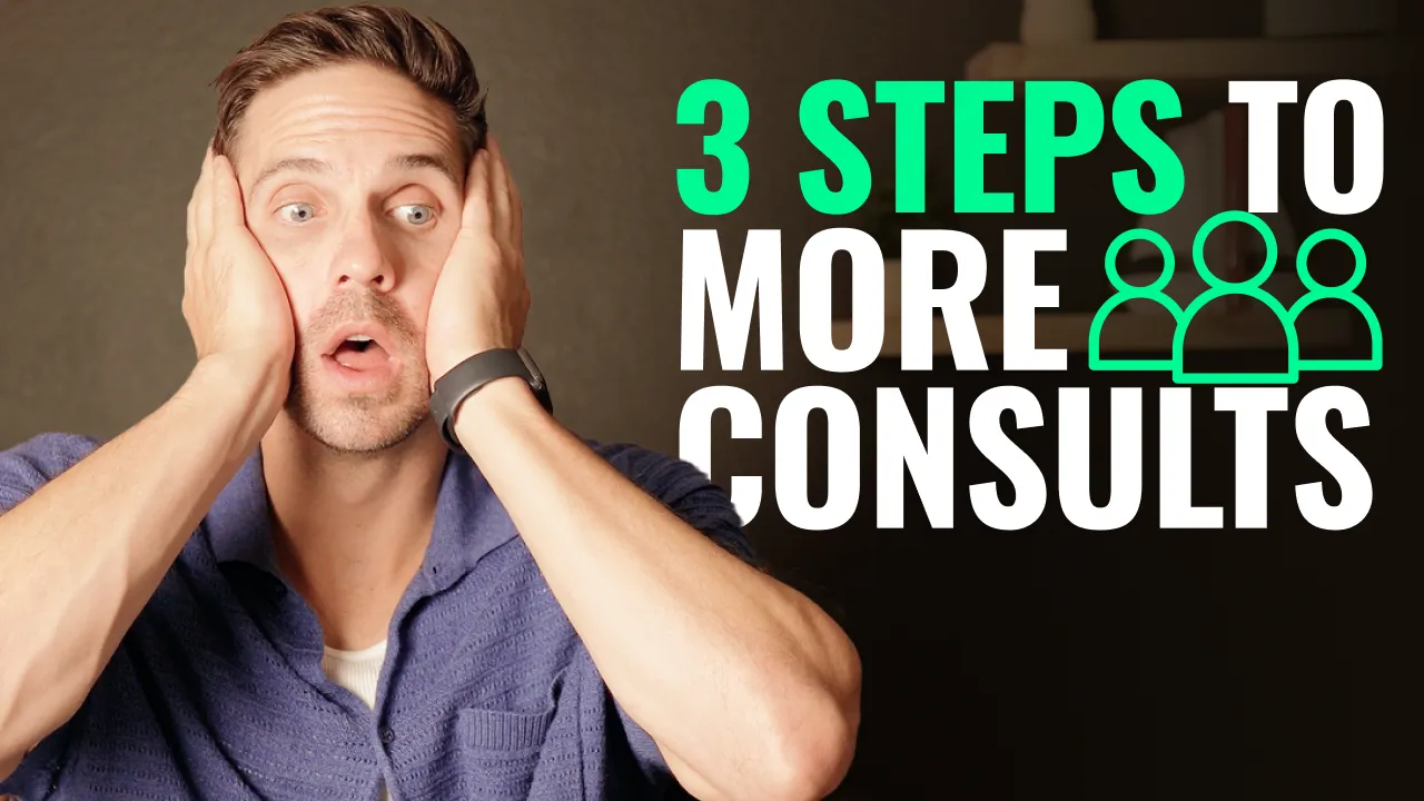 Man with a shocked expression looking toward bold text that says “3 steps to more consults?” in a home office setting.