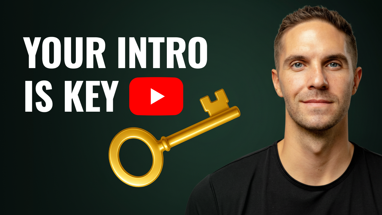 Man next to text ‘Your intro is key,’ a YouTube play icon, and a gold key on a dark background.