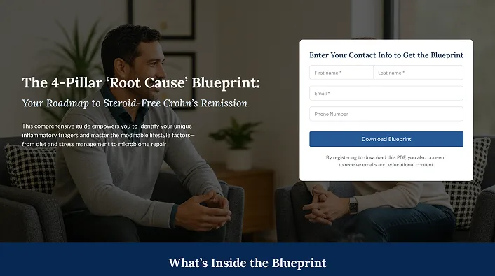 Landing page for the 4-Pillar Root Cause Blueprint for Crohn’s disease, showing a consultation scene and a form to download the guide.